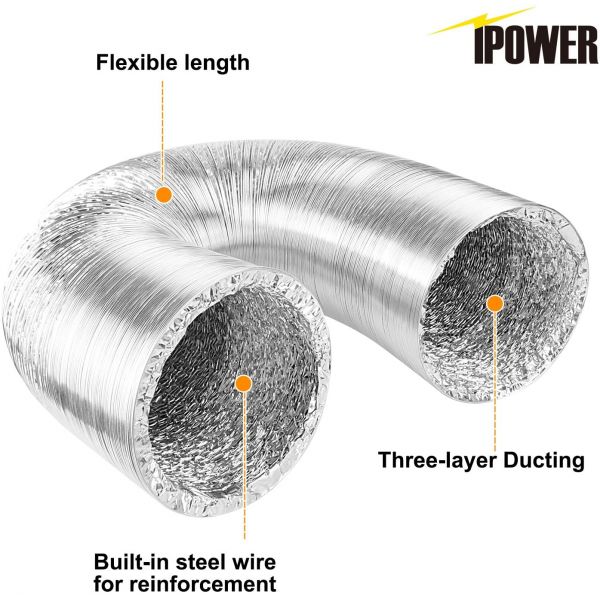 iPower 8 Inch 25 Feet Air Ducting Dryer Vent Hose for HVAC Ventilation, 2 Clamps included