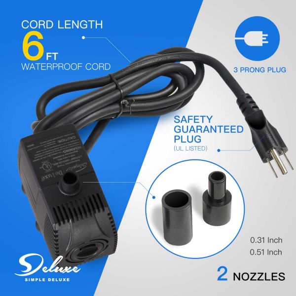 Simple Deluxe LGPUMP160G 160 GPH UL Listed Submersible Pump with 6' Cord for Hydroponics, Aquaponics, Fountains, Ponds, Statuary, Aquariums & more