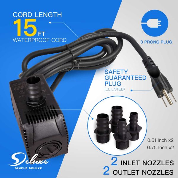 Simple Deluxe 400 GPH UL Listed Submersible Pump with 15' Cord for Hydroponics, Aquaponics, Fountains, Ponds, Statuary, Aquariums & more