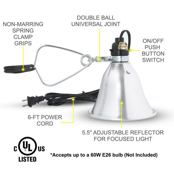 Simple Deluxe Clamp Lamp Light UL Listed with 5.5 Inch Aluminum Reflector 60 Watt with 6 Foot Cord