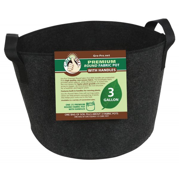 Gro Pro Premium Round Fabric Pot w- Handles 3 Gallon - Black