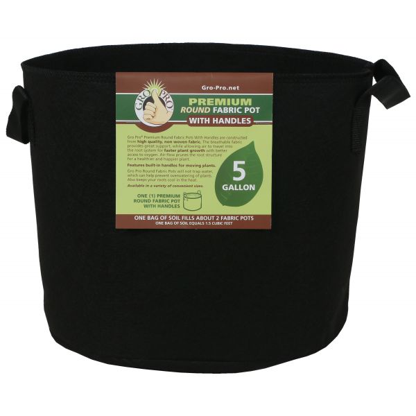 Gro Pro Premium Round Fabric Pot w- Handles 5 Gallon - Black
