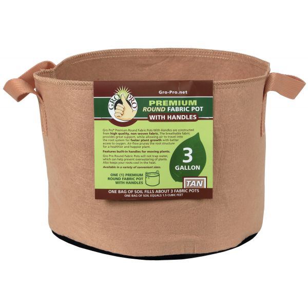 Gro Pro Premium Round Fabric Pot w- Handles 3 Gallon - Tan