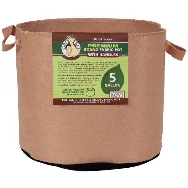 Gro Pro Premium Round Fabric Pot w- Handles 5 Gallon - Tan