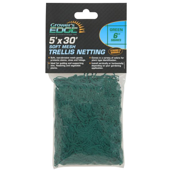 Grower's Edge Soft Mesh Trellis Netting 5 ft x 30 ft w- 6 in Squares - Green