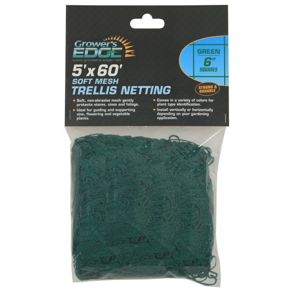 Grower's Edge Soft Mesh Trellis Netting 5 ft x 60 ft w- 6 in Squares - Green