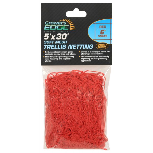 Grower's Edge Soft Mesh Trellis Netting 5 ft x 30 ft w- 6 in Squares - Red