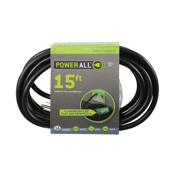 Power All 120 Volt 15 ft Extension Cord 3 Outlet w- Green Indicator Light - 14 Gauge