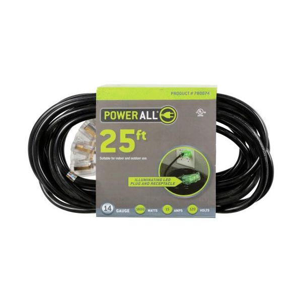 Power All 120 Volt 25 ft Extension Cord 3 Outlet w- Green Indicator Light - 14 Gauge