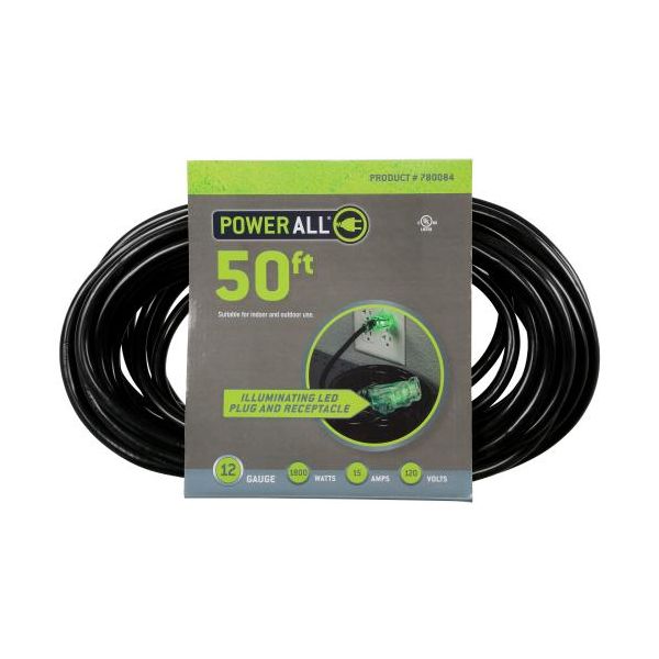 Power All 120 Volt 50 ft Extension Cord 3 Outlet w- Green Indicator Light - 12 Gauge