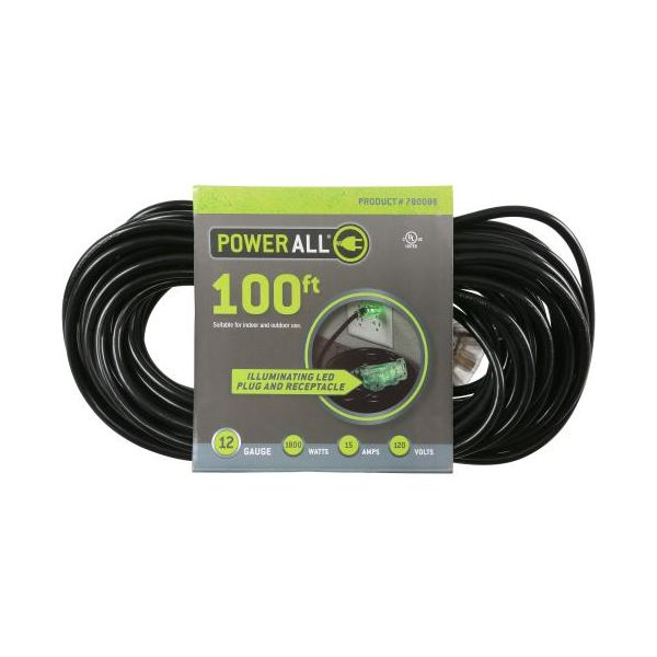 Power All 120 Volt 100 ft Extension Cord 3 Outlet w- Green Indicator Light - 12 Gauge