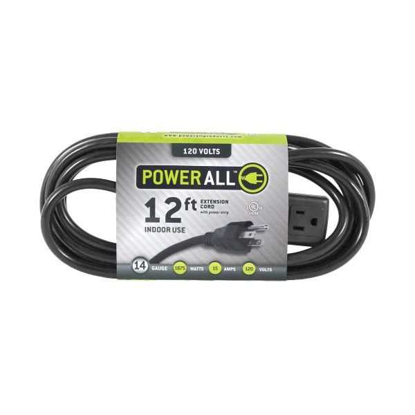 Power All 120 Volt 12 ft Extension Cord with 3 Outlet Power Strip - 14 Gauge