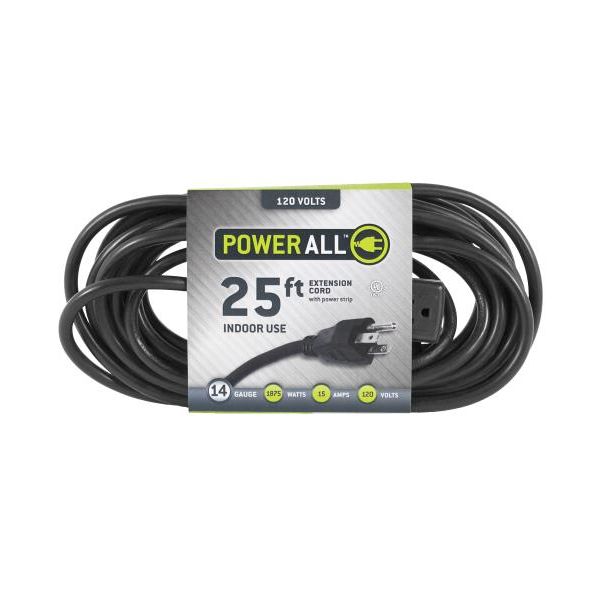 Power All 120 Volt 25 ft Extension Cord with 3 Outlet Power Strip - 14 Gauge