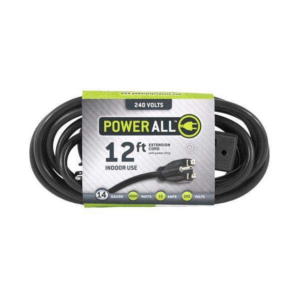 Power All 240 Volt 12 ft Extension Cord with 3 Outlet Power Strip - 14 Gauge
