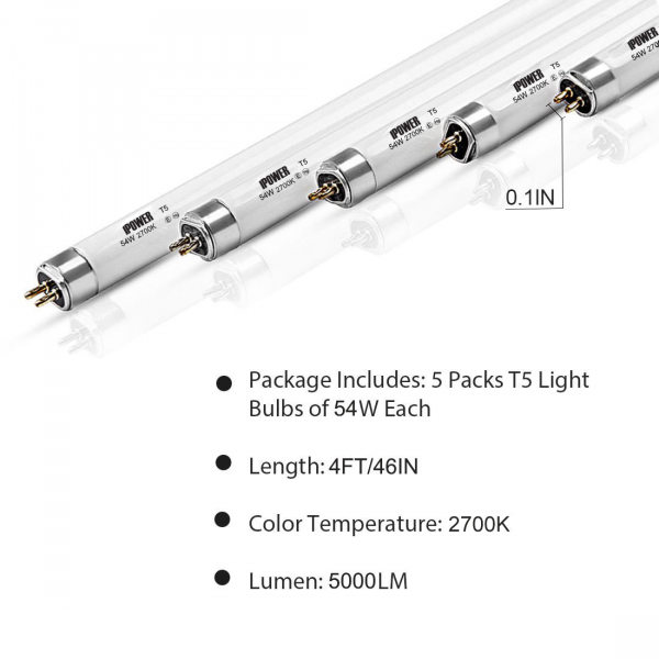 iPower 5 Pack 4FT 2700K 54W T5 Fluorescent Grow Lamp Light Bulbs