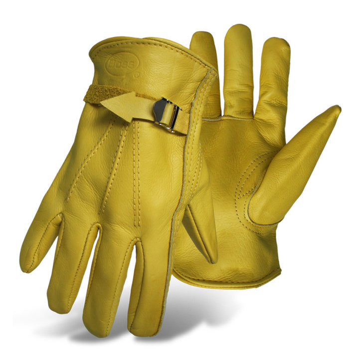 Boss Premium Grain Leather Driver Glove-Cowhide Adjustable Buckle, Yellow, LG