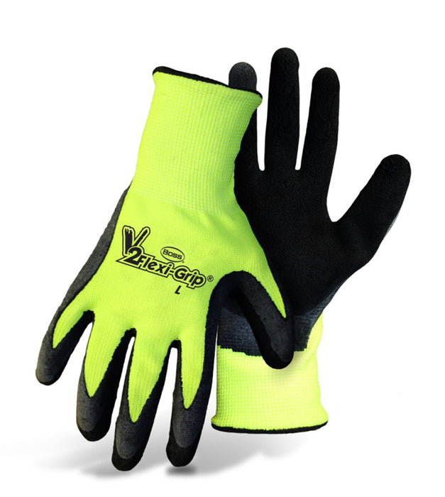 Boss V2 Flexi Grip High-Vis Polyester Knit Latex Palm Glove-Black/Fluorescent, LG