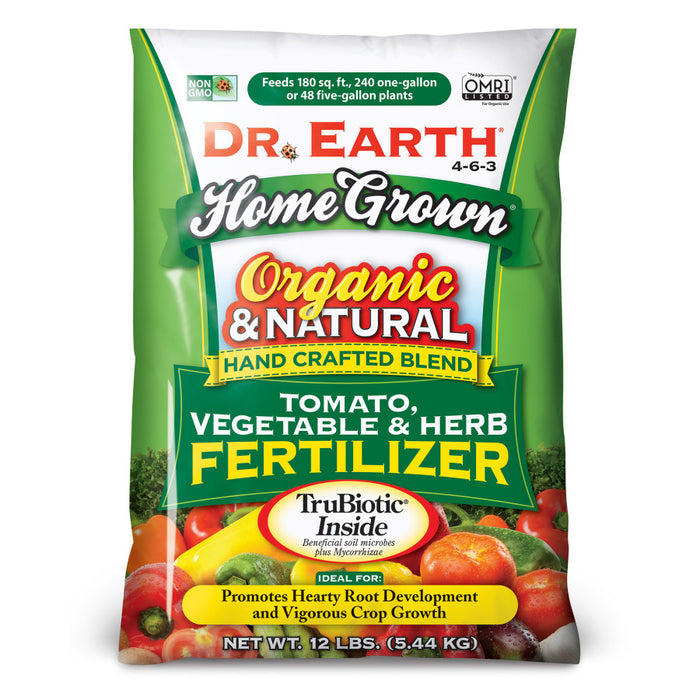 Dr. Earth Home Grown Premium Tomato, Vegetable & Herb Fertilizer 4-6-3-Green Bag, 12 lb