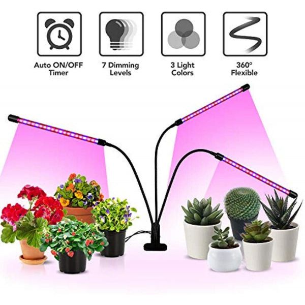 15W Triple Head LED Red Blue Spectrum Adjustable Gooseneck Grow Light with Auto ON-Off 3 9 12H Timing, iPower