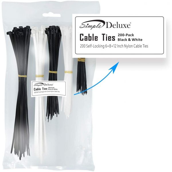 Simple Deluxe 200-PACK 6+8+12 Inch Self-Locking Versatile Nylon Cable Wire Zip Ties in Black & White, UL Listed