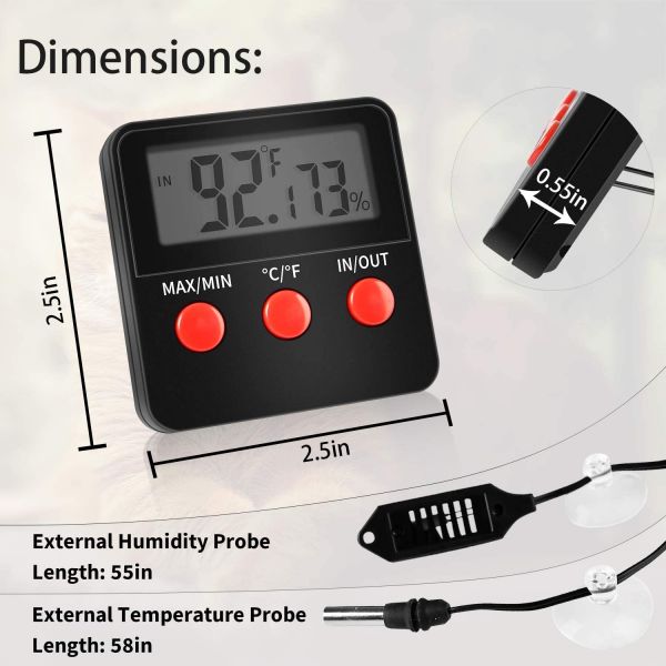 iPower Reptile Tank/Egg Incubator Digital Thermometer/Hygrometer with External Temperature Probe and External Humidity Probe