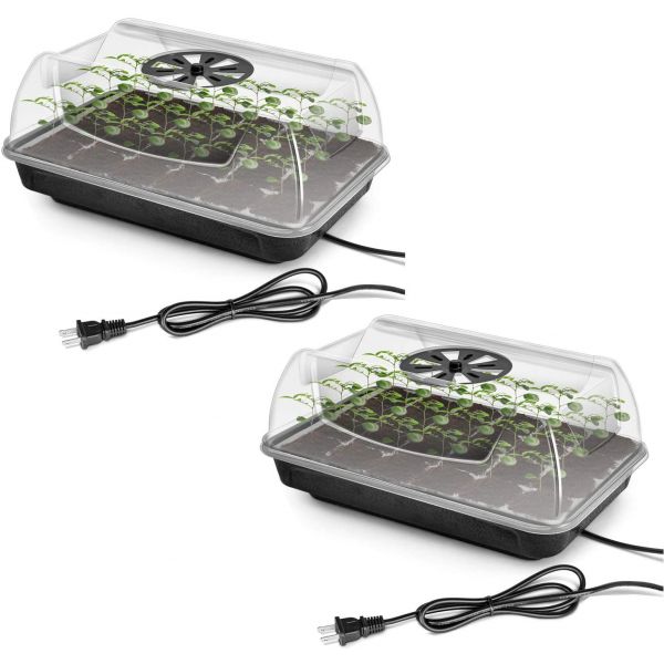 iPower 2-Pack Heating Seed Starter Germination Kit Seedling Propagation Tray with Heater and 5in Vented Humidity Dome, Black&Transparent