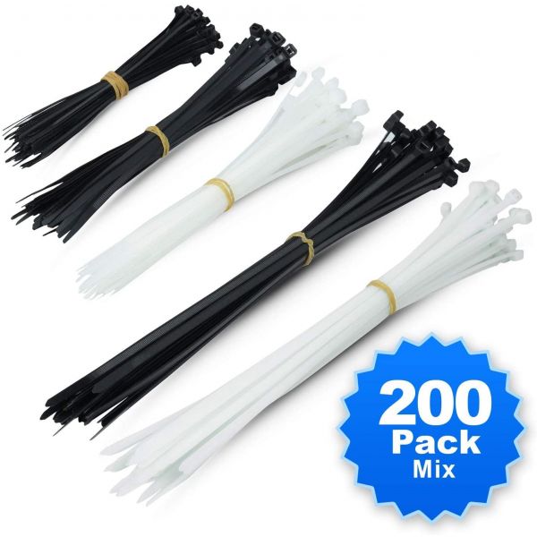 Simple Deluxe 200-PACK 6+8+12 Inch Self-Locking Versatile Nylon Cable Wire Zip Ties in Black & White, UL Listed