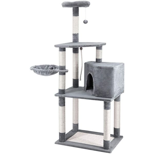 ScratchMe 59 inch Cat Tree Condo with Scratching Post Platform, Pet House Activity Tower Plush Perches with Hammock