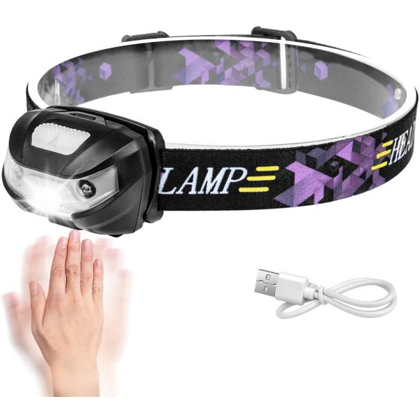 Rechargeable LED Headlamp with Motion Sensor Switch, 3 Modes, IPX-4 Waterproof, Simple Deluxe