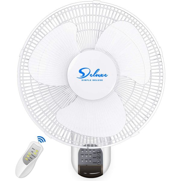 Simple Deluxe 16 Inch Digital Wall Mount Fan with Remote Control - 3 Speed - 3 Oscillating Modes -72 Inches Power Cord, ETL Certified - White