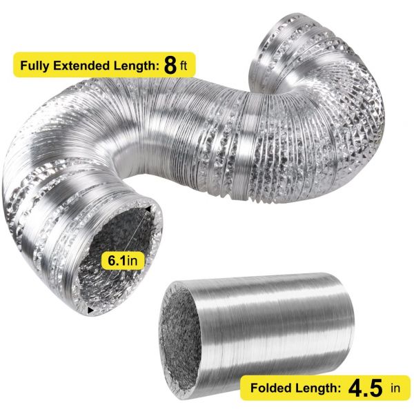 2 Pcs 6" Non-Insulated Duct Foil Vents with 2 Clamps, 8', Fire-Resistance, iPower