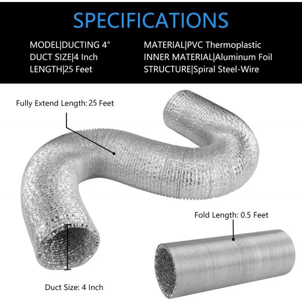 iPower 4 inch 25 Feet PreDucting, 4 25ft, Ducting- Reinforced Version