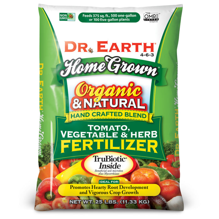 Dr. Earth Home Grown Premium Tomato, Vegetable & Herb Fertilizer 4-6-3-Green Bag, 25 lb