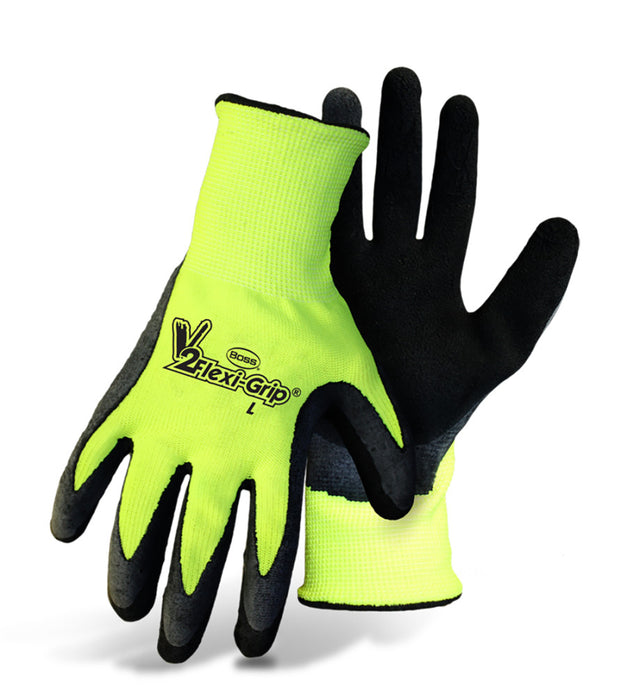 Boss V2 Flexi Grip High-Vis Polyester Knit Latex Palm Glove-Black/Fluorescent, XL